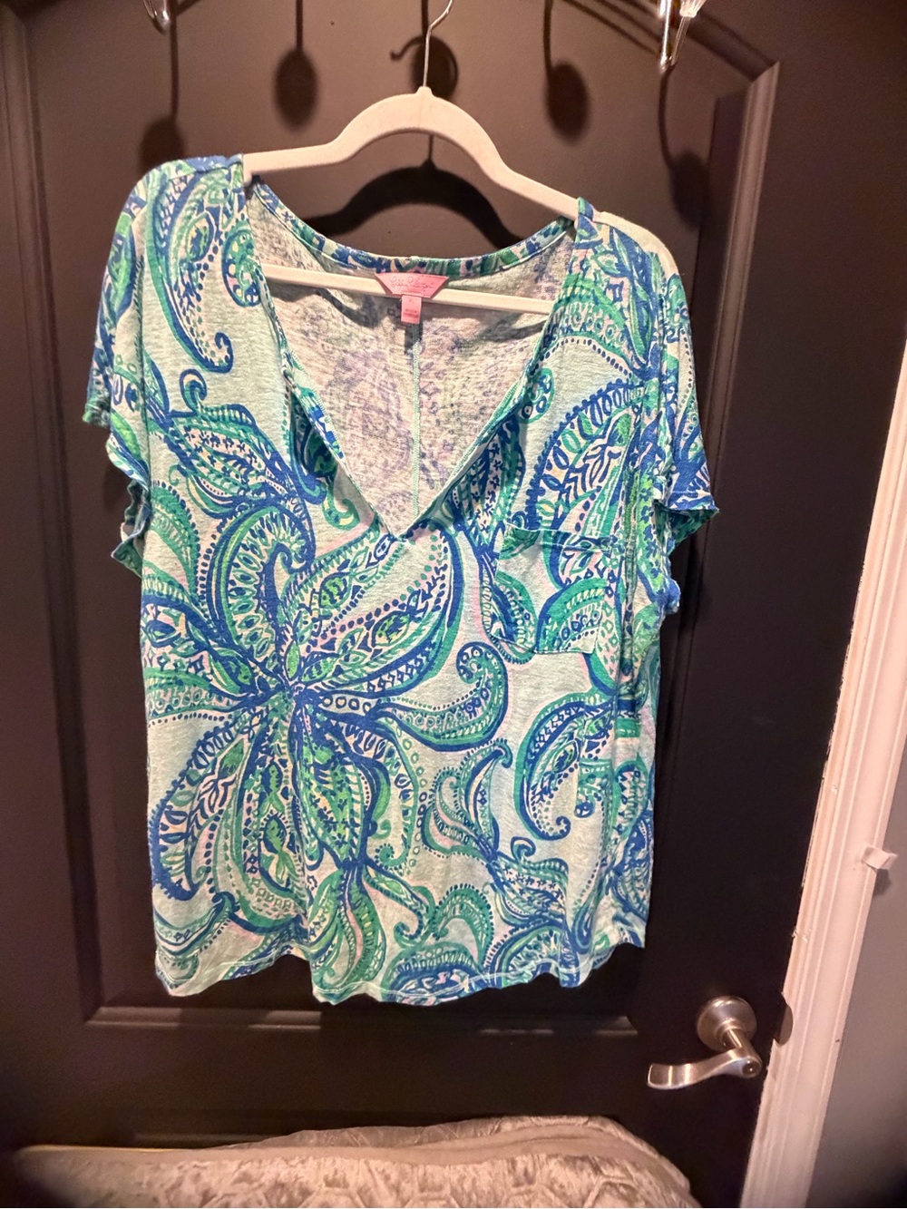 Lilly Pulitzer Green Blue Paisley V-Neck Short Sleeve Top